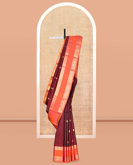 Maroon Zari Buttas Vasundhara Lite Silk Mix Saree, a Contrast Rettai Pettu Border of Kathir, Chakram, and Kodi Visiry Designs, Grand Pallu, and a Contrast Blouse