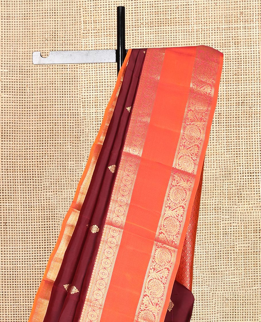 Maroon Zari Buttas Vasundhara Lite Silk Mix Saree, a Contrast Rettai Pettu Border of Kathir, Chakram, and Kodi Visiry Designs, Grand Pallu, and a Contrast Blouse