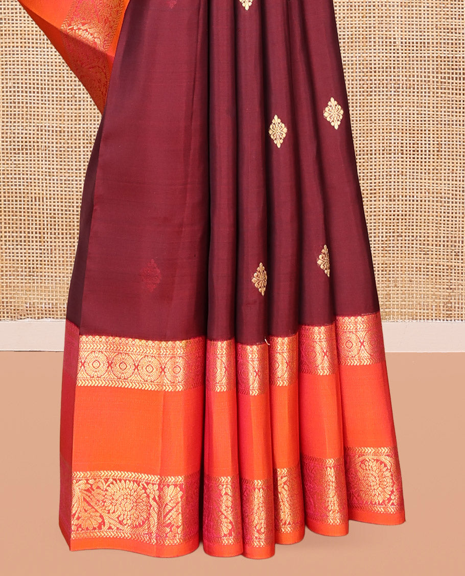 Maroon Zari Buttas Vasundhara Lite Silk Mix Saree, a Contrast Rettai Pettu Border of Kathir, Chakram, and Kodi Visiry Designs, Grand Pallu, and a Contrast Blouse