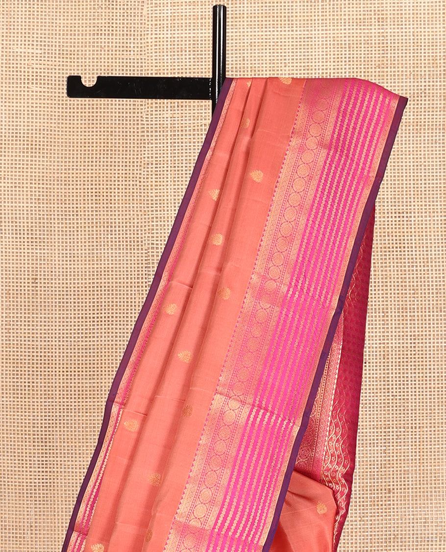 Peach Vasundhara Lite Silk Mix Saree, Finely Crafted with Zari Buttas, a Contrast Border of Chakram, Neli and Kamalam Designs, Grand Pallu, and a Contrast Blouse