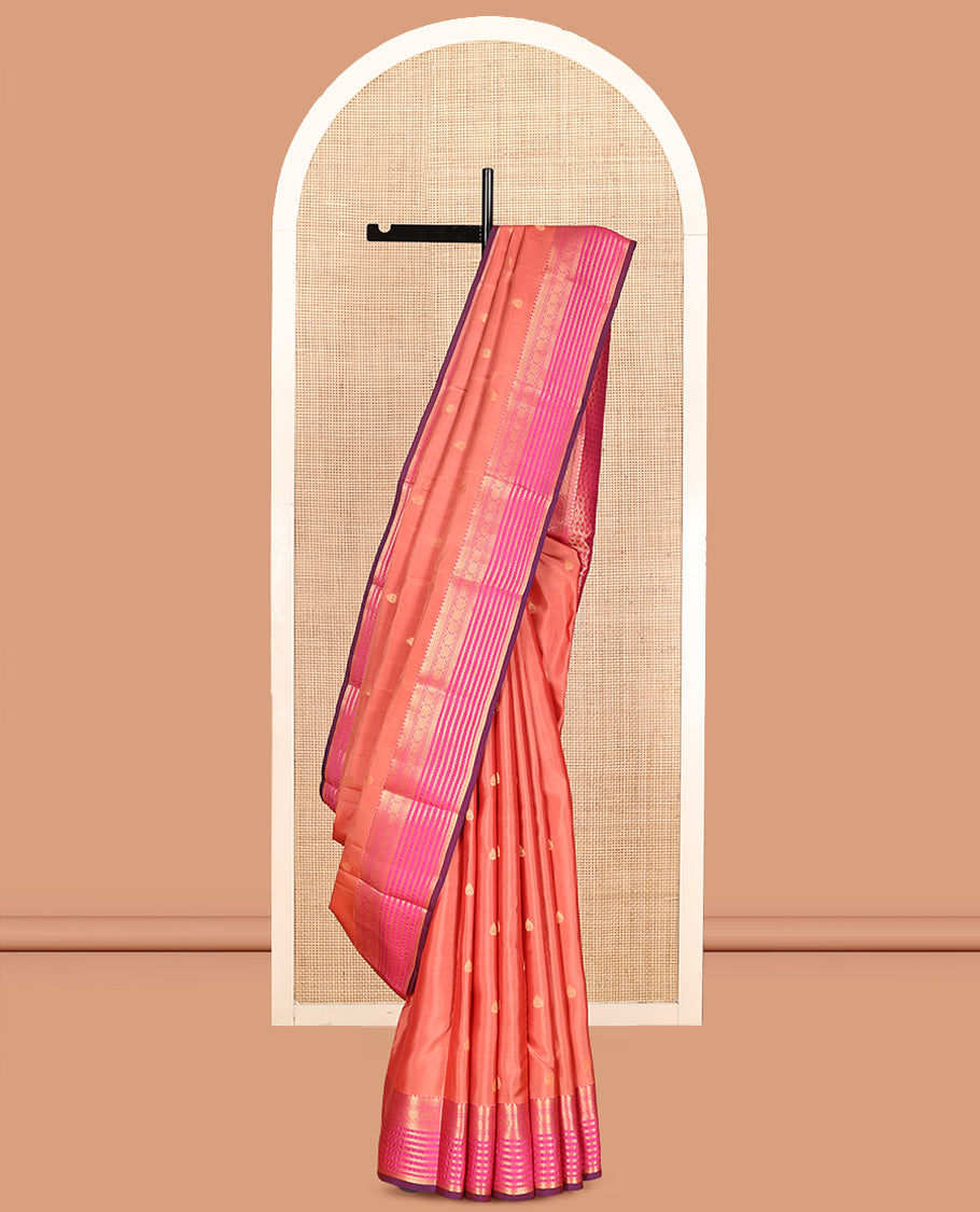 Peach Vasundhara Lite Silk Mix Saree, Finely Crafted with Zari Buttas, a Contrast Border of Chakram, Neli and Kamalam Designs, Grand Pallu, and a Contrast Blouse