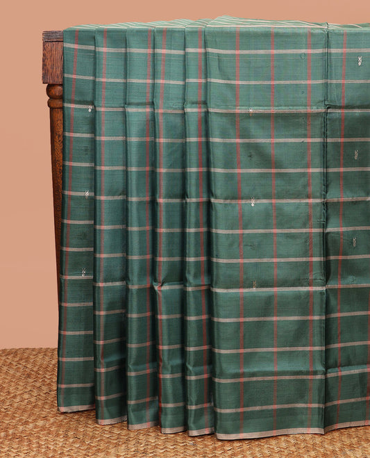 Borderless Green Banana Pith Saree, Finely Designed with Butta Enclosed Checks All Over Its Body, Complemented by a Contrast Pallu Depicting Stripes and Buttas, and Paired with a Contrast Blouse