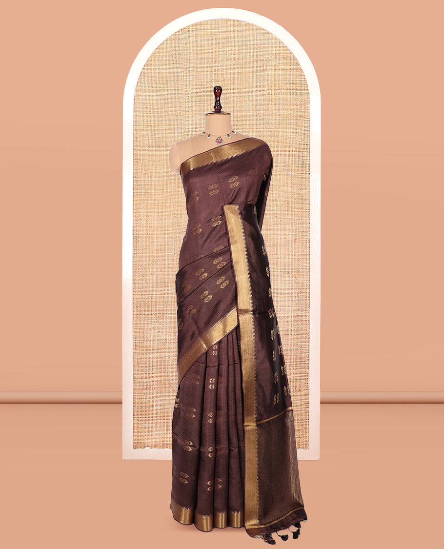 Brown Banana Pith Saree, Delicately Woven with Buttas, a Zari Temple Border, Striped Pallu, and Matching Blouse