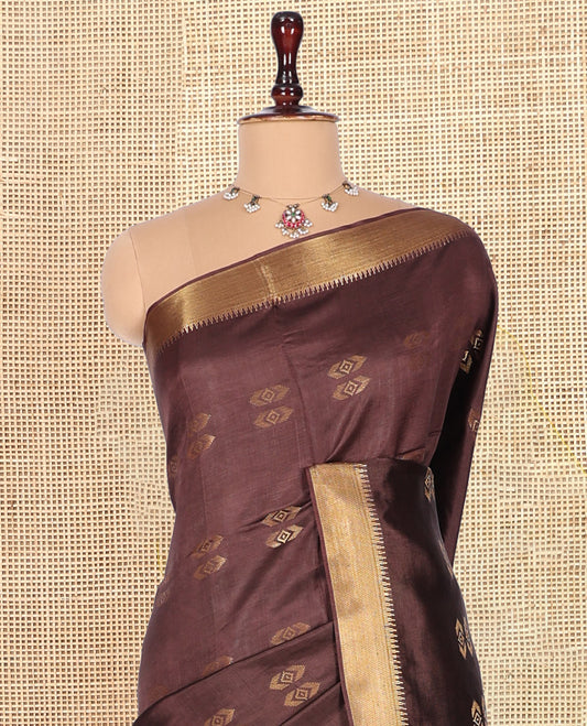 Brown Banana Pith Saree, Delicately Woven with Buttas, a Zari Temple Border, Striped Pallu, and Matching Blouse
