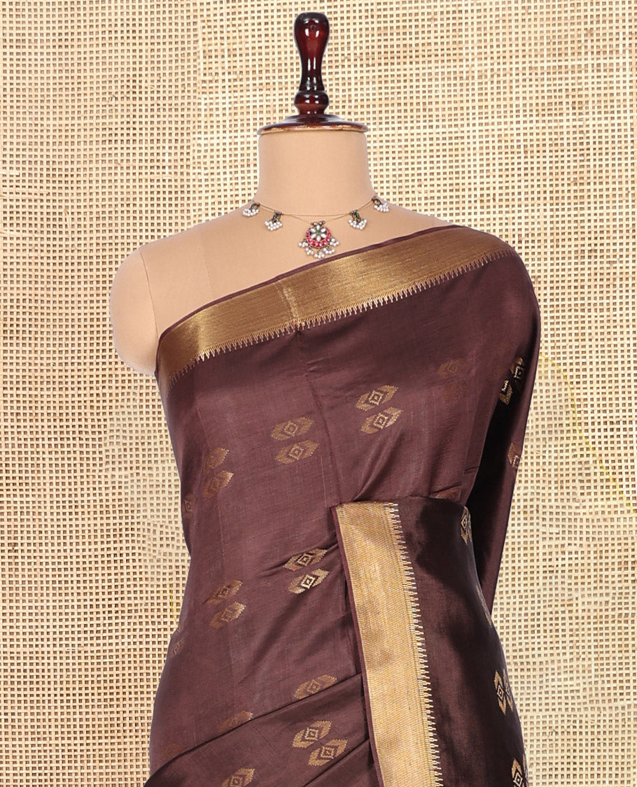 Brown Banana Pith Saree, Delicately Woven with Buttas, a Zari Temple Border, Striped Pallu, and Matching Blouse