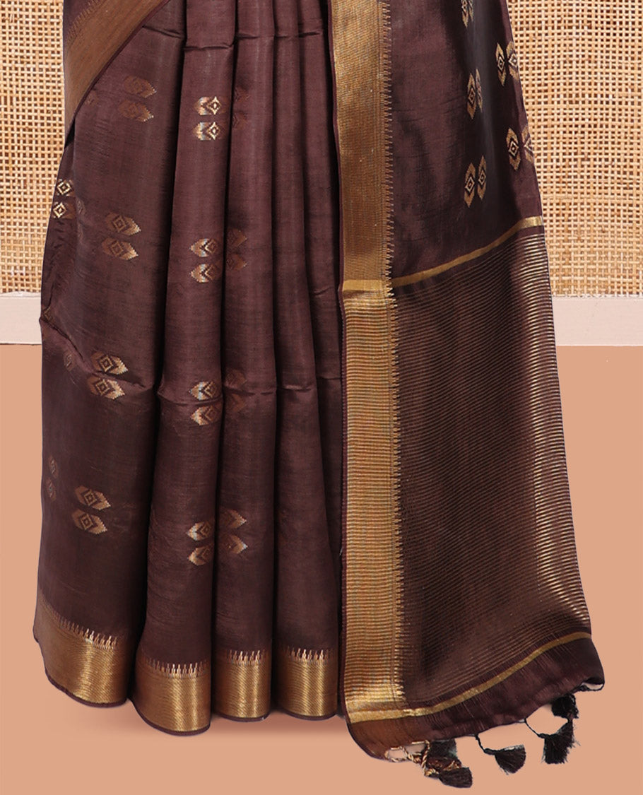 Brown Banana Pith Saree, Delicately Woven with Buttas, a Zari Temple Border, Striped Pallu, and Matching Blouse