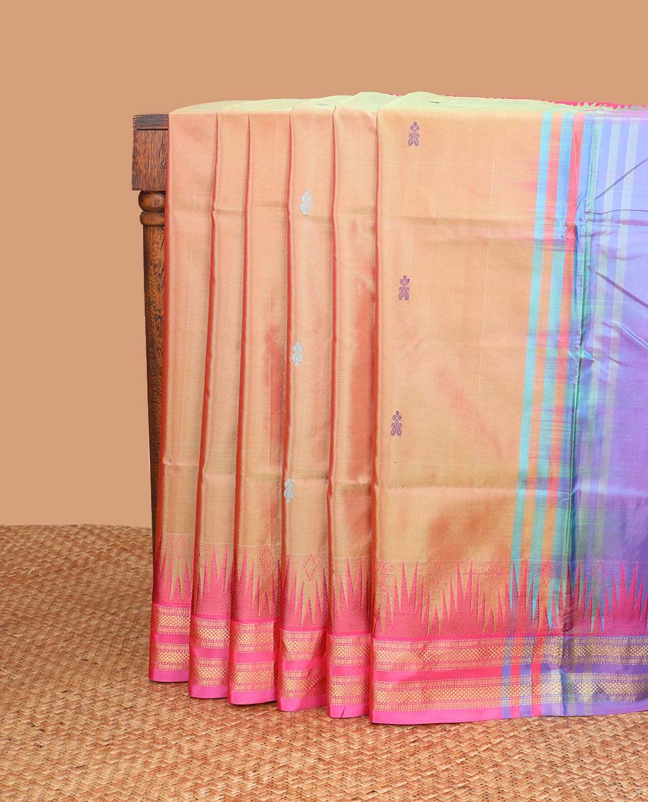 Brown motifs banana pith saree with contrast rettai pettu design , temple border & striped, motifs pallu
