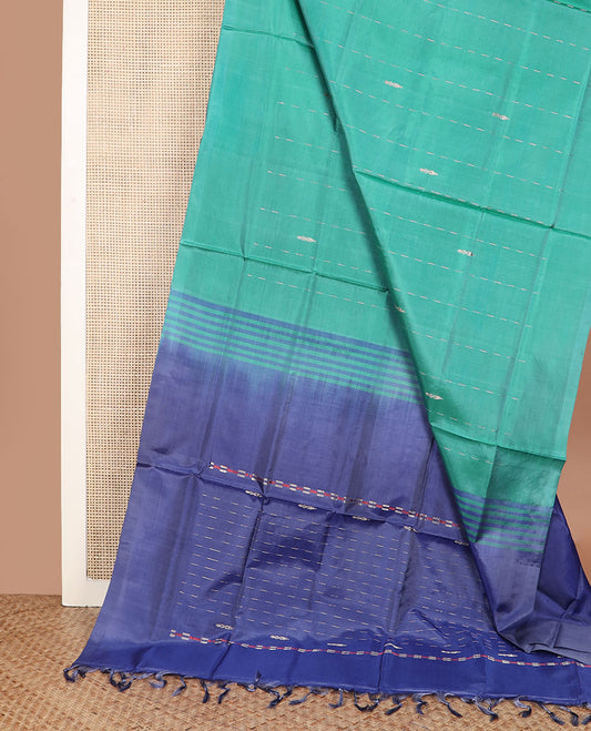 Borderless green buttas and stripes banana pith saree, contrast pallu of buttas and stripes