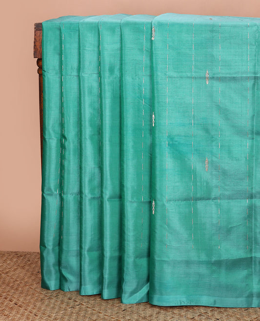 Borderless green buttas and stripes banana pith saree, contrast pallu of buttas and stripes