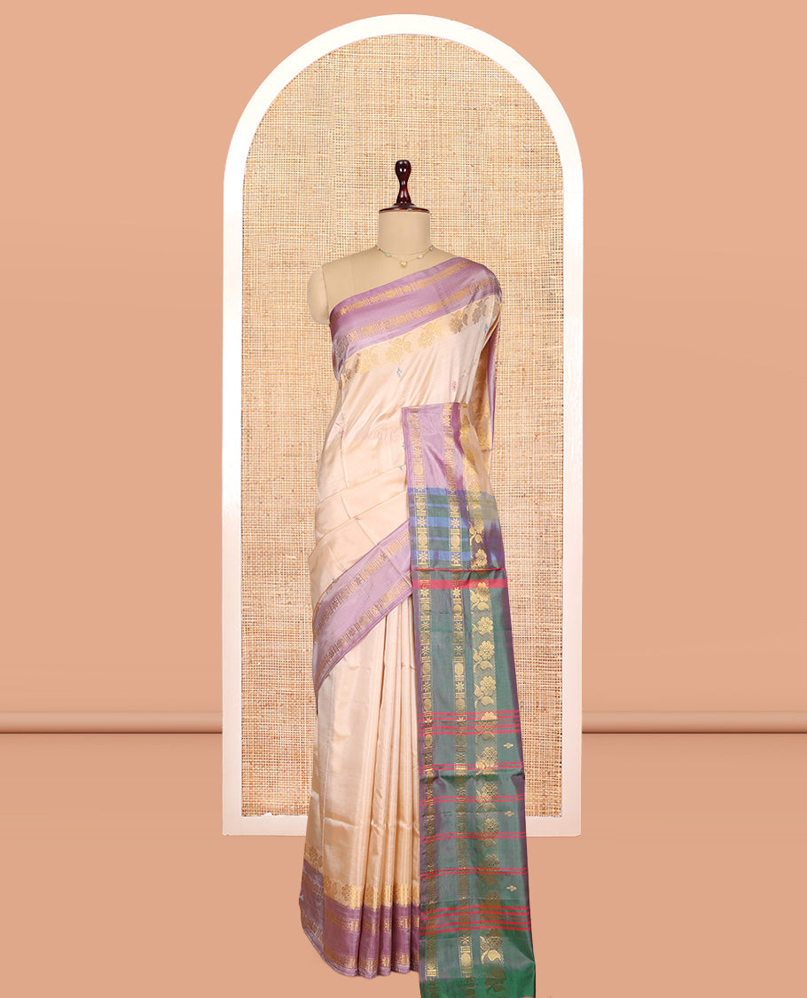 Sandal Banana Pith Saree, Woven with Thread Buttas, Complemented by a Contrast Rettai Pettu Traditional Border, Pallu of Stripes and Buttas, and a Contrast Blouse