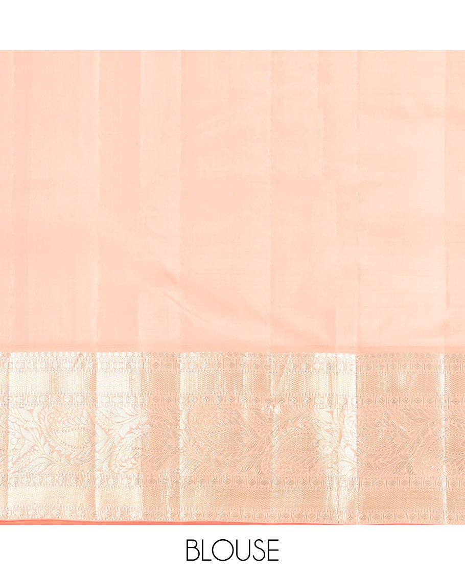 Peach zari buttas silk saree, contrast border of thilakam mokku, muthu, rudraksham, mayil kann, and manga designs, and jaal pallu