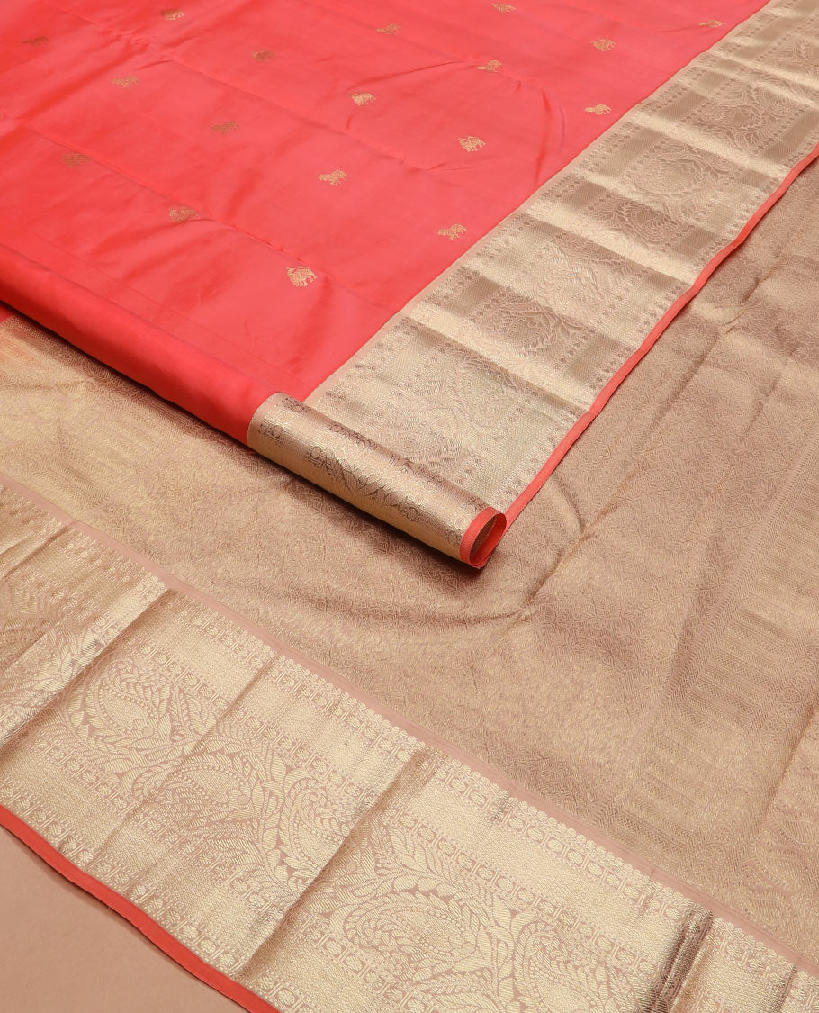 Peach zari buttas silk saree, contrast border of thilakam mokku, muthu, rudraksham, mayil kann, and manga designs, and jaal pallu