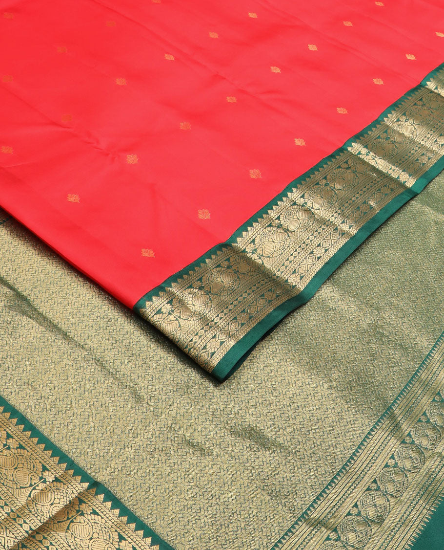 Red zari buttas silk saree, contrast border of rekku,muthu,banaras,rettai manga,diamond & kamalam & intricate pallu