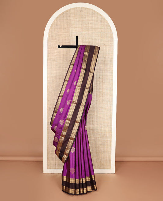 Purple zari buttas silk saree, contrast rettai pettu border of ara bogudi,muthu,banaras, & jada nagam & zari woven jaal pallu