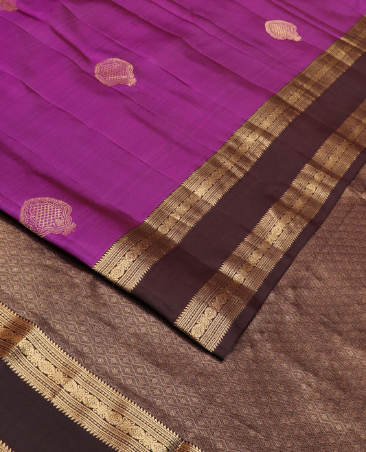Purple zari buttas silk saree, contrast rettai pettu border of ara bogudi,muthu,banaras, & jada nagam & zari woven jaal pallu