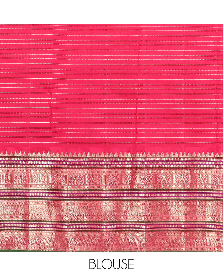 Blue zari stripes silk saree, contrast korvai border of rekku, neli, kamalam, and poo chakram designs, and jaal pallu