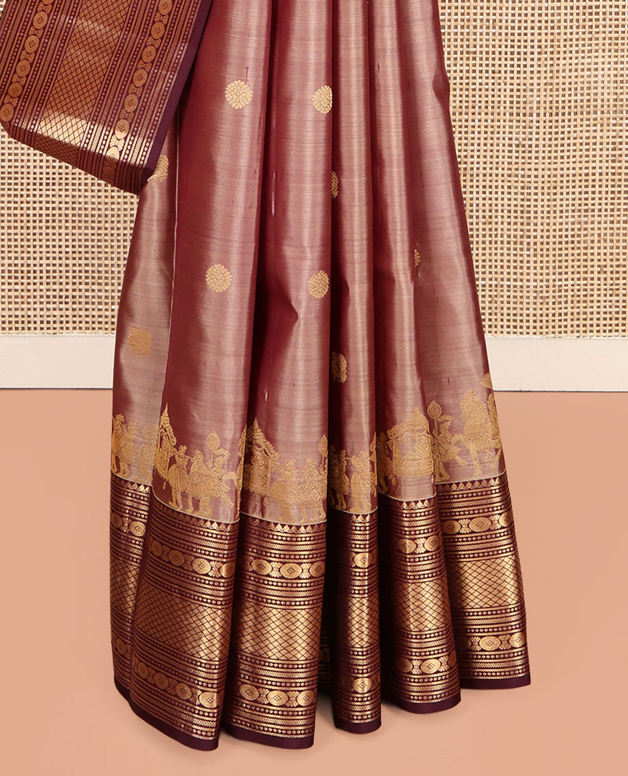 Pink Vasundhara Silk Saree, Delicately Woven with Mayil-Chakram Buttas, a Contrast Traditional Border of Wedding-Themed Designs, Grand Pallu, and a Contrast Blouse