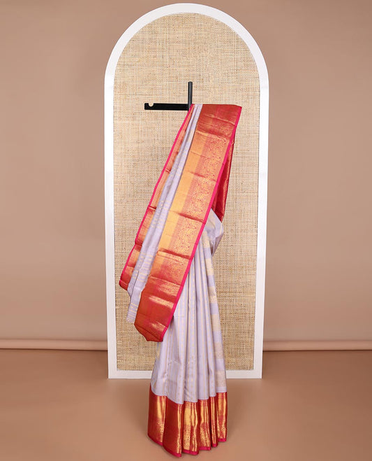 Lavender floral design silk saree with contrast border of rekku, banaras, muthu, mayil design & jaal pallu