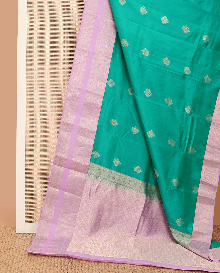 Turquoise zari buttas silk saree, contrast intricate pallu & rettai pettu border of thilakam,yaanai,neli & mayil