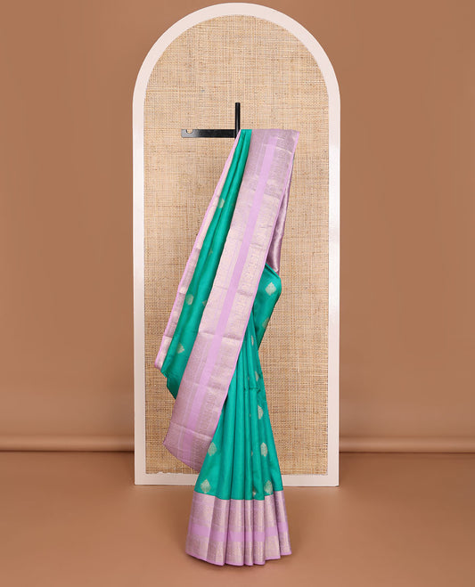 Turquoise zari buttas silk saree, contrast intricate pallu & rettai pettu border of thilakam,yaanai,neli & mayil
