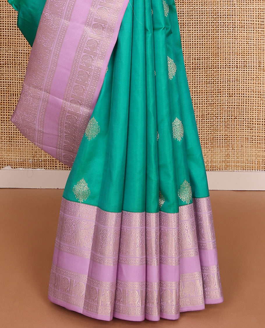 Turquoise zari buttas silk saree, contrast intricate pallu & rettai pettu border of thilakam,yaanai,neli & mayil