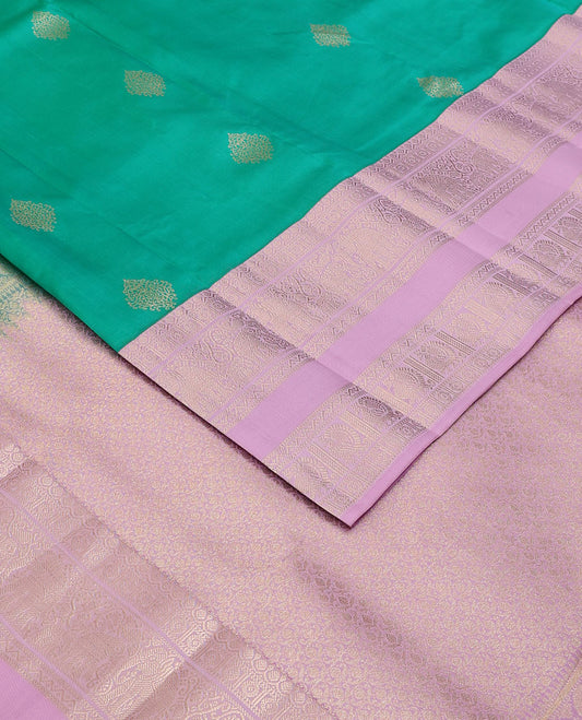 Turquoise zari buttas silk saree, contrast intricate pallu & rettai pettu border of thilakam,yaanai,neli & mayil
