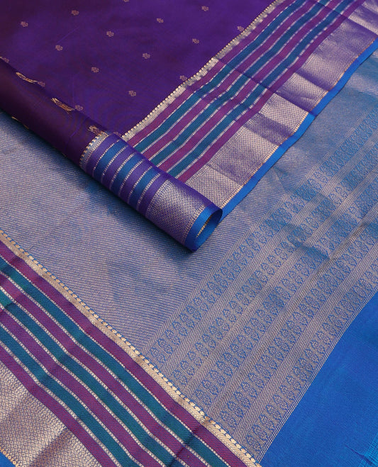 Ink blue zari buttas silk saree, contrast resham thread & zari border of banaras,muthu & mayil kann & diagonal striped pallu