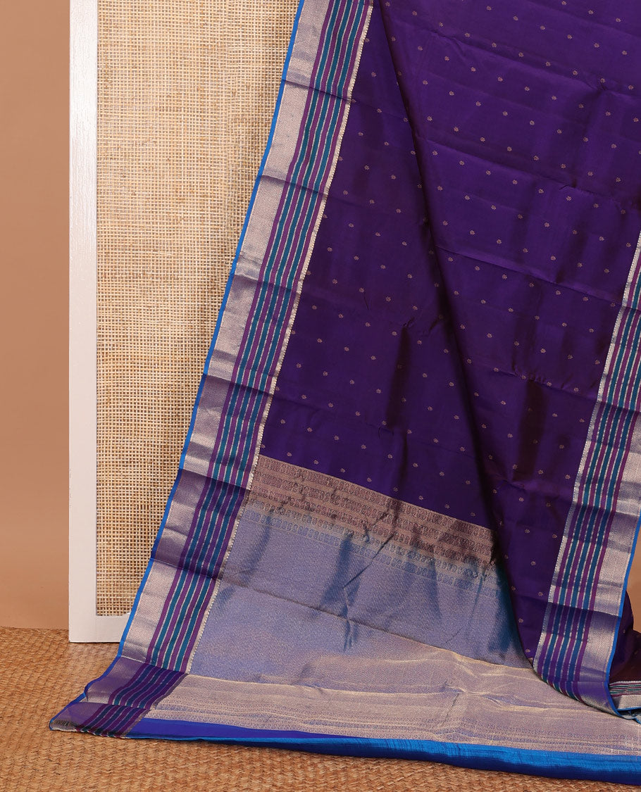 Ink blue zari buttas silk saree, contrast resham thread & zari border of banaras,muthu & mayil kann & diagonal striped pallu