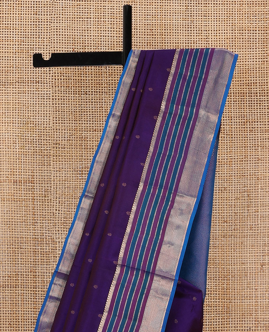 Ink blue zari buttas silk saree, contrast resham thread & zari border of banaras,muthu & mayil kann & diagonal striped pallu