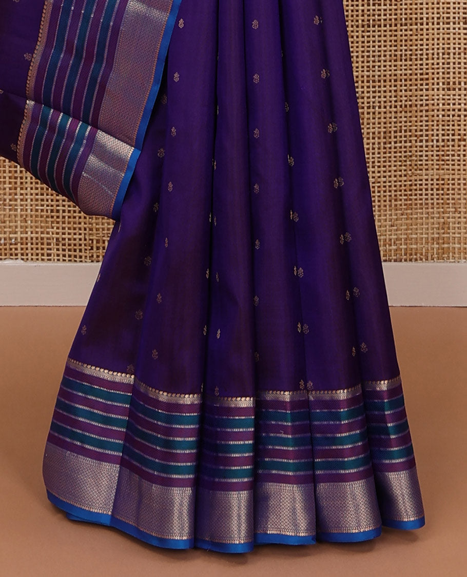 Ink blue zari buttas silk saree, contrast resham thread & zari border of banaras,muthu & mayil kann & diagonal striped pallu