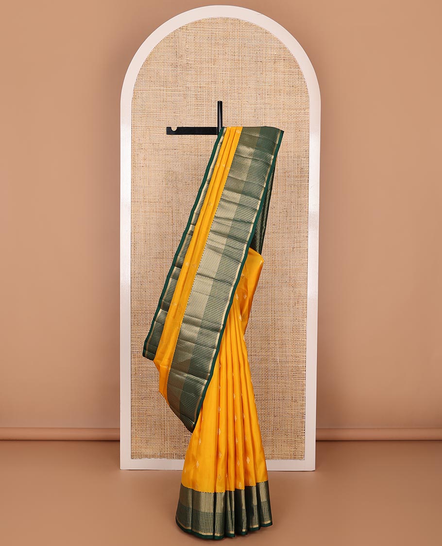 Yellow zari buttas silk saree, contrast zari border of vanki,muthu & banaras & pallu of paiyaadi kattam design