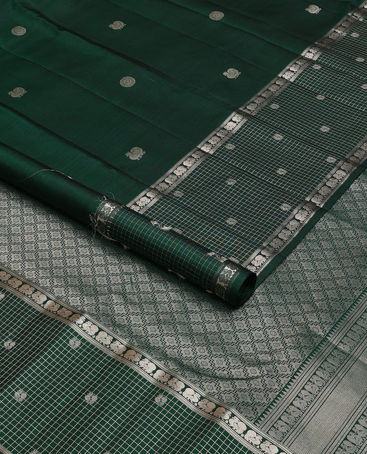 Green mayil chakram buttas silk saree, intricate pallu & zari border of muthu,banaras,mayil & zari checked border