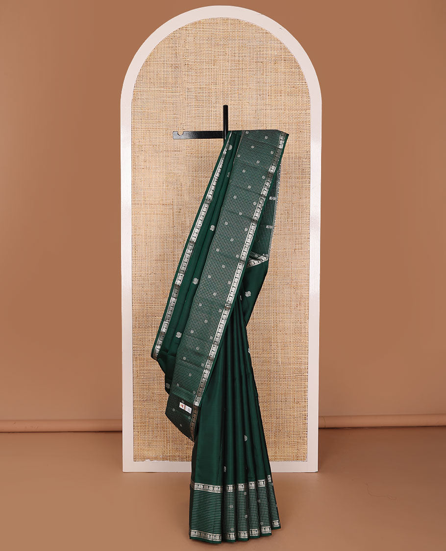 Green mayil chakram buttas silk saree, intricate pallu & zari border of muthu,banaras,mayil & zari checked border