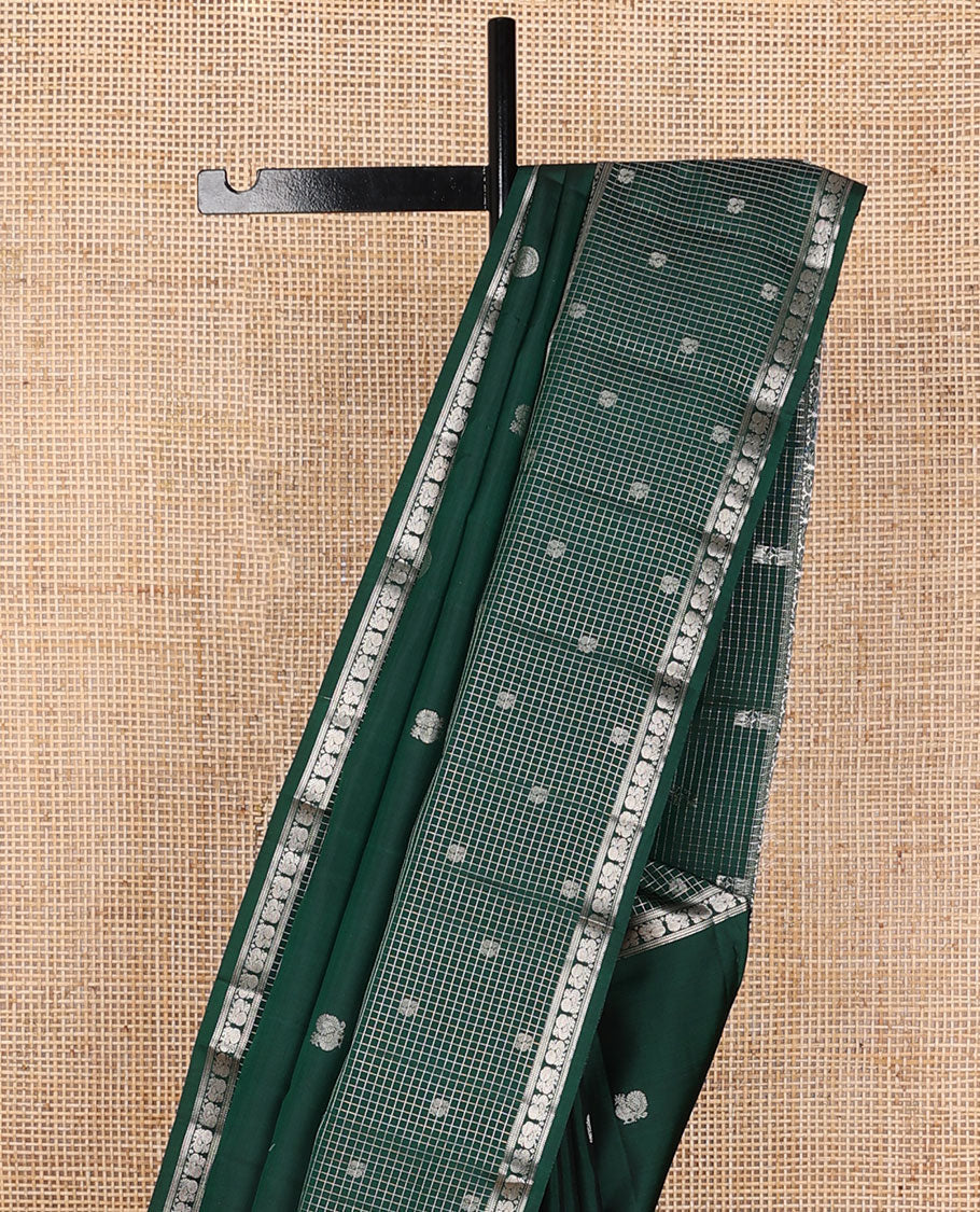 Green mayil chakram buttas silk saree, intricate pallu & zari border of muthu,banaras,mayil & zari checked border
