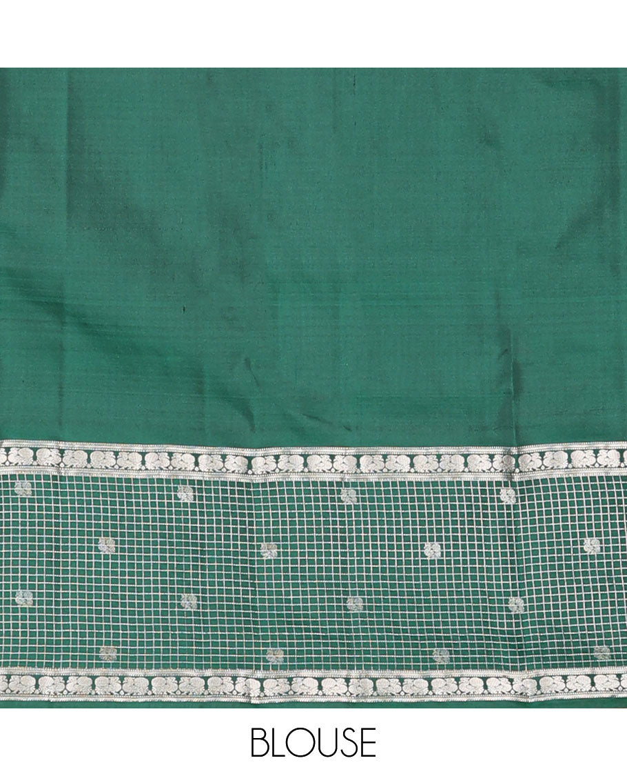 Green mayil chakram buttas silk saree, intricate pallu & zari border of muthu,banaras,mayil & zari checked border