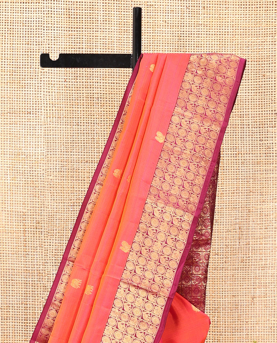 Orange Vasundhara Silk Saree, Woven with Mayil-Yaanai Buttas, Contrast Mayil-Yaanai Chakra-Enclosed Checked Border, Grand Pallu, and a Contrast Blouse