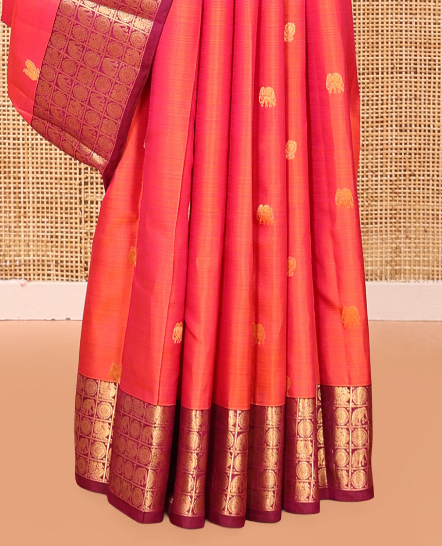 Orange Vasundhara Silk Saree, Woven with Mayil-Yaanai Buttas, Contrast Mayil-Yaanai Chakra-Enclosed Checked Border, Grand Pallu, and a Contrast Blouse