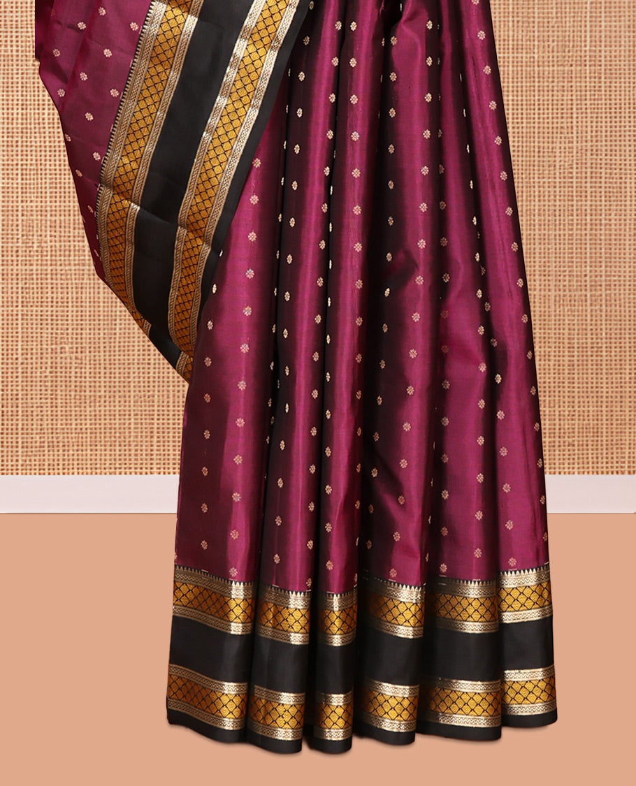 Magenta Vasundhara Silk Saree, Woven with Zari Buttas, Contrast Rettai Pettu Border of Rekku, Neli, and Jaal, Grand Pallu, and Contrast Blouse