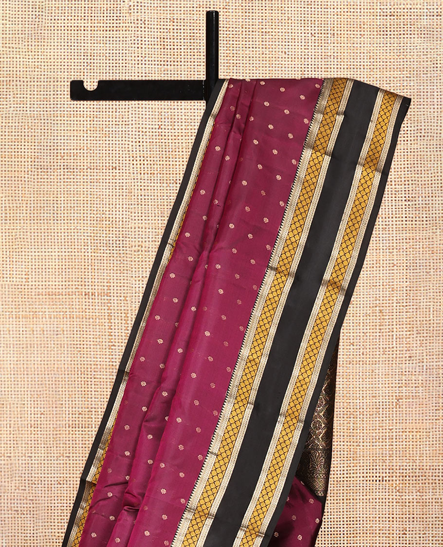 Magenta Vasundhara Silk Saree, Woven with Zari Buttas, Contrast Rettai Pettu Border of Rekku, Neli, and Jaal, Grand Pallu, and Contrast Blouse
