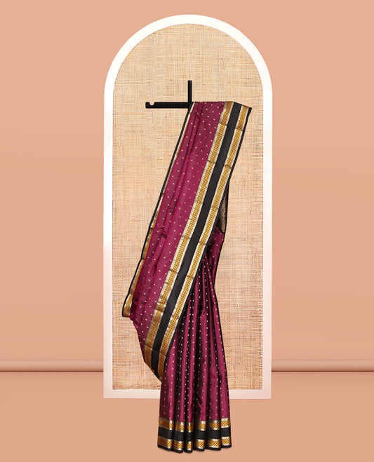 Magenta Vasundhara Silk Saree, Woven with Zari Buttas, Contrast Rettai Pettu Border of Rekku, Neli, and Jaal, Grand Pallu, and Contrast Blouse