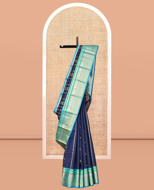 Blue Zari Design Vasundhara Silk Saree, Complemented by Contrast Border of Thilakam Mokku, Muthu, Yaali, and Chakram, Jaal Pallu, and a Contrast Blouse