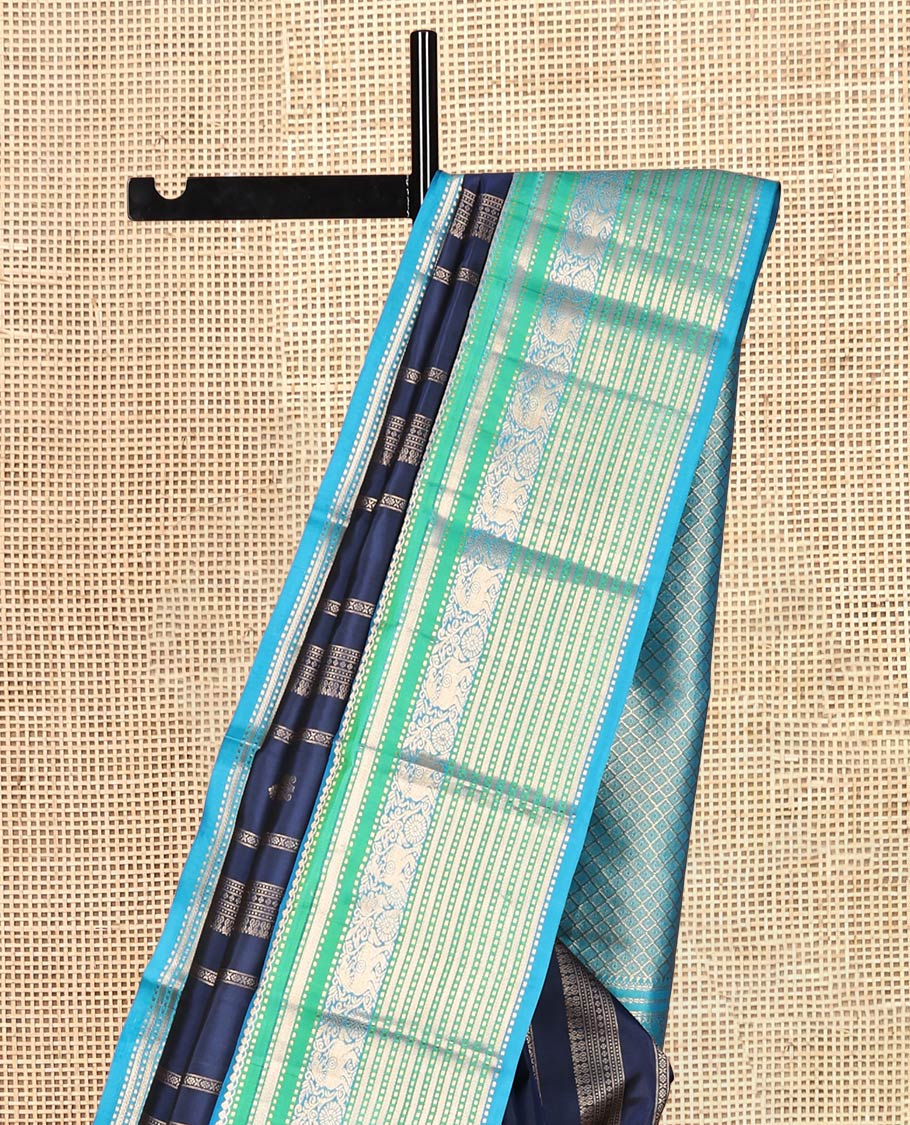 Blue Zari Design Vasundhara Silk Saree, Complemented by Contrast Border of Thilakam Mokku, Muthu, Yaali, and Chakram, Jaal Pallu, and a Contrast Blouse