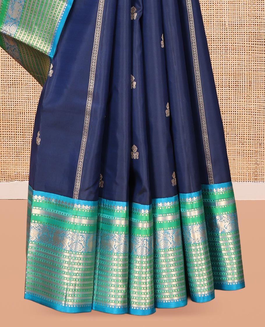 Blue Zari Design Vasundhara Silk Saree, Complemented by Contrast Border of Thilakam Mokku, Muthu, Yaali, and Chakram, Jaal Pallu, and a Contrast Blouse