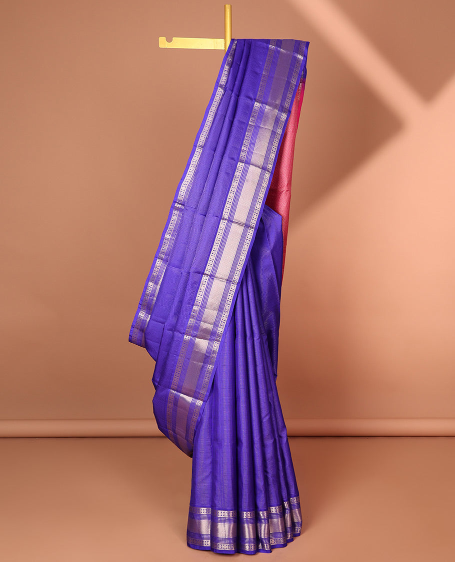 Blue checked silk saree with self traditional zari border & striped zari design pallu