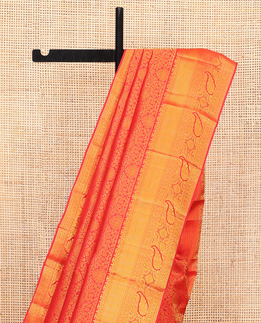 Red Kanchipuram Wedding Silk Saree, Majestically Detailed with Jacquard Design on Its Body, Highlighted by Zari Border of Traditional Designs, Grand Jaal Pallu, and Paired with a Matching Blouse
