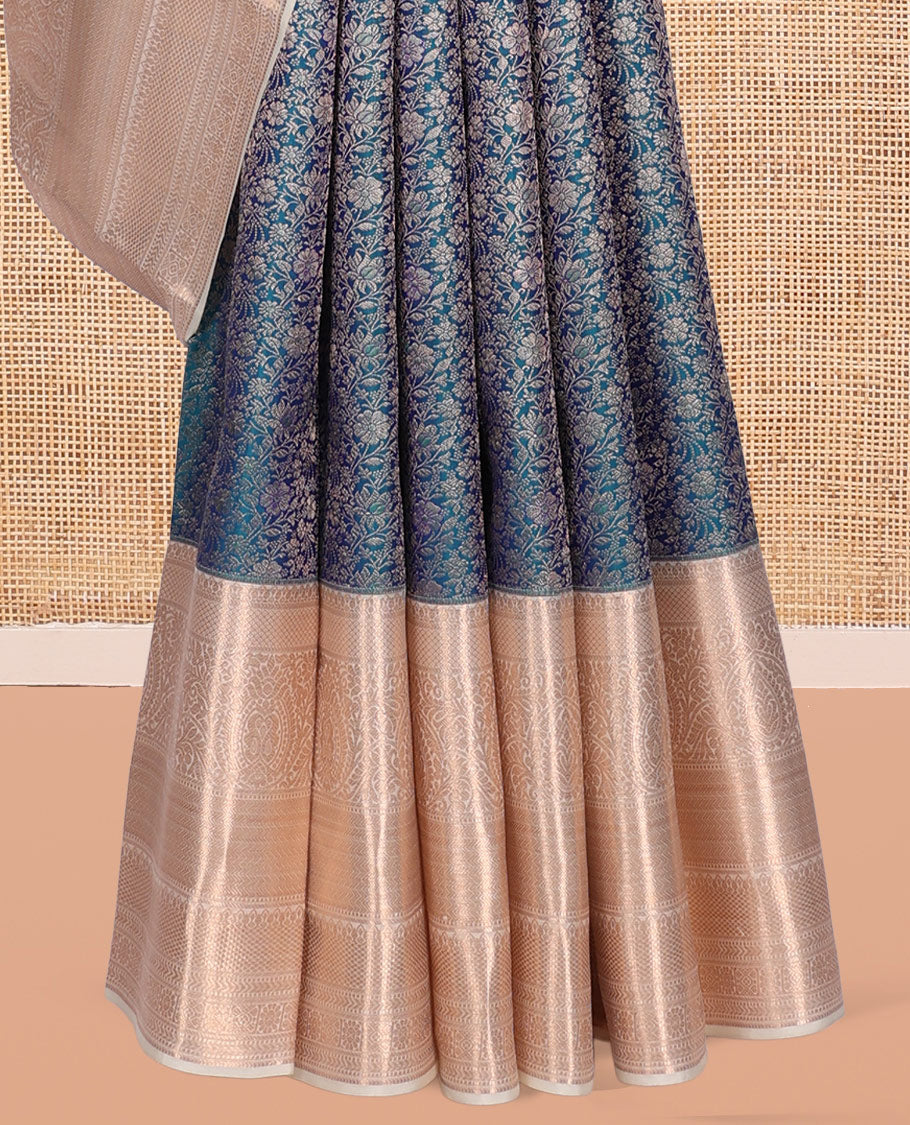 Blue Kanchipuram Wedding Silk Saree, Gleamed Up with Floral Jacquard Design, a Contrast Border of Mayil Kann, Muthu, Kathir, Chakram, and Mayil Kann, Grand Pallu, and a Contrast Blouse