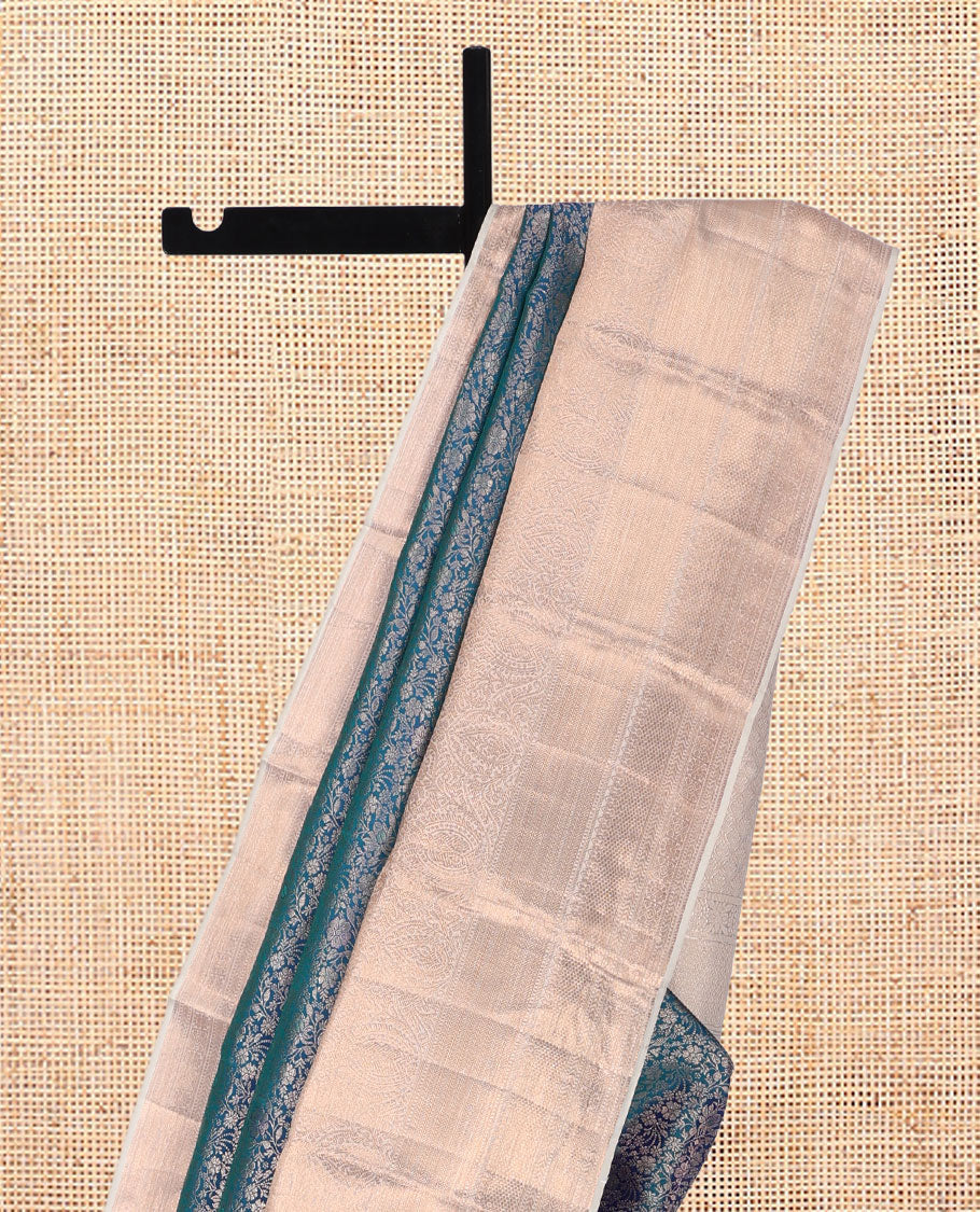 Blue Kanchipuram Wedding Silk Saree, Gleamed Up with Floral Jacquard Design, a Contrast Border of Mayil Kann, Muthu, Kathir, Chakram, and Mayil Kann, Grand Pallu, and a Contrast Blouse