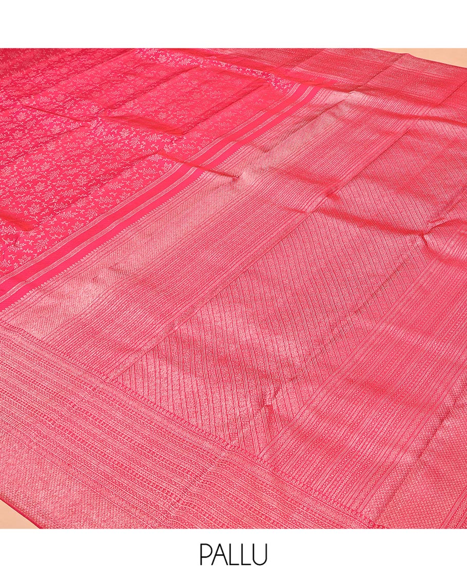 Pink Kanchipuram Wedding Silk Saree, Ornamented with Floral Jacquard, a Zari Geometric Pattern Border, Diagonally Striped Pallu, and a Matching Blouse