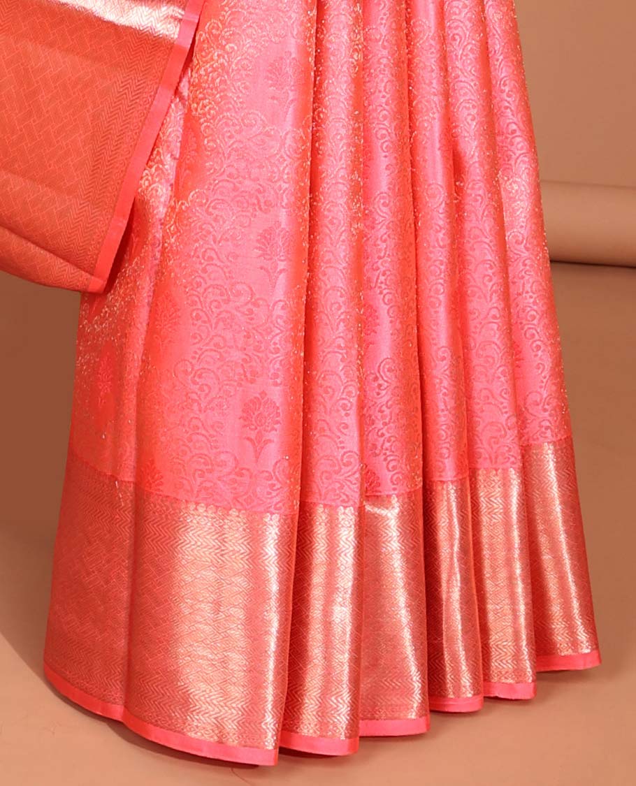 Red floral jacquard kancheepuram silk saree with self zari design & taditional zari design pallu