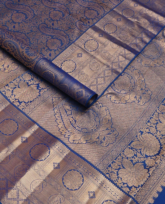 Blue jacquard kanchipuram wedding silk saree, zari border of rekku, kathir, poun, diamond, poo chakra, thuthrippu manga& kuyil kann & jaal pallu